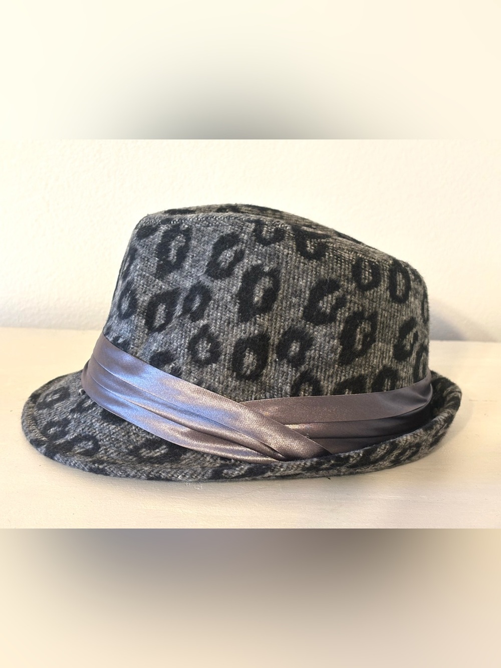 Gray Leopard Print Fedora Hat with Satin Band